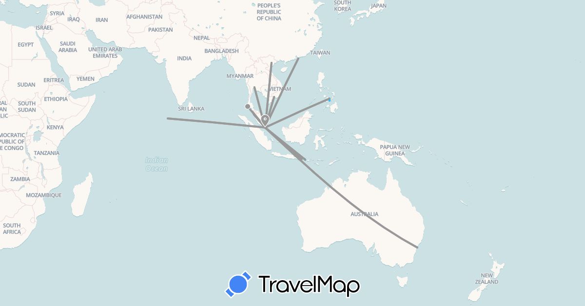 TravelMap itinerary: driving, plane, boat in Australia, Hong Kong, Indonesia, Maldives, Malaysia, Philippines, Singapore, Thailand, Vietnam (Asia, Oceania)